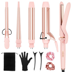 Ufree front view of pink 5-in-1 curling iron set showing all components and benefits