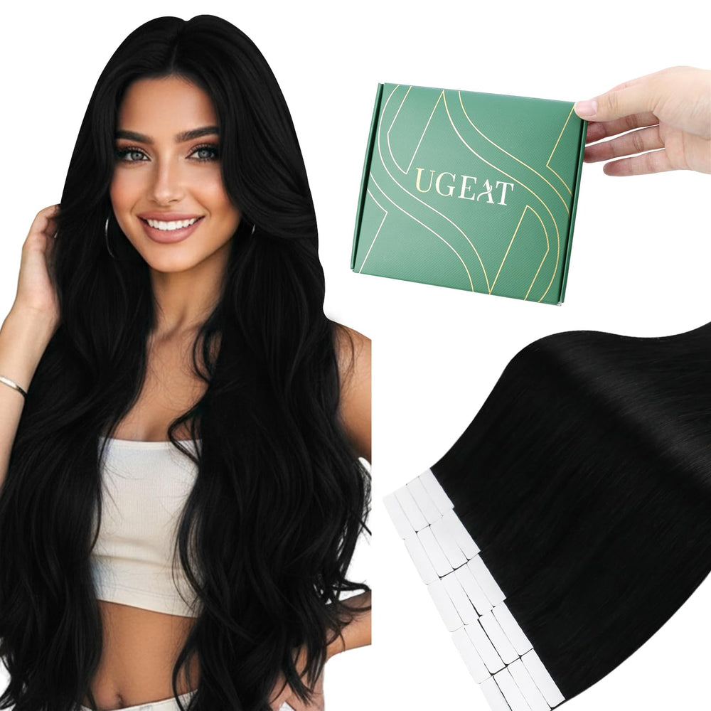 Ugeat front packaging showing 18-inch black tape-in set for easy selection and confidence