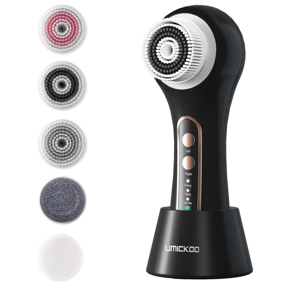 UMICKOO front view showing compact rotating face scrubber and ergonomic grip, convenience benefit