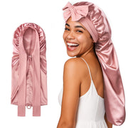 Umisleep front view of extra-long bonnet protecting long hair