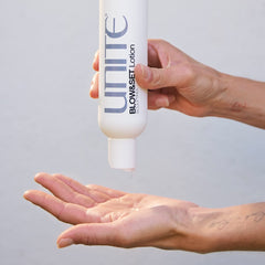 UNITE BLOW&SET used with blow-dryer illustrating heat-activated hold and volume