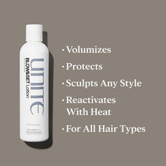 UNITE BLOW&SET lotion texture close-up demonstrating lightweight, non-greasy finish