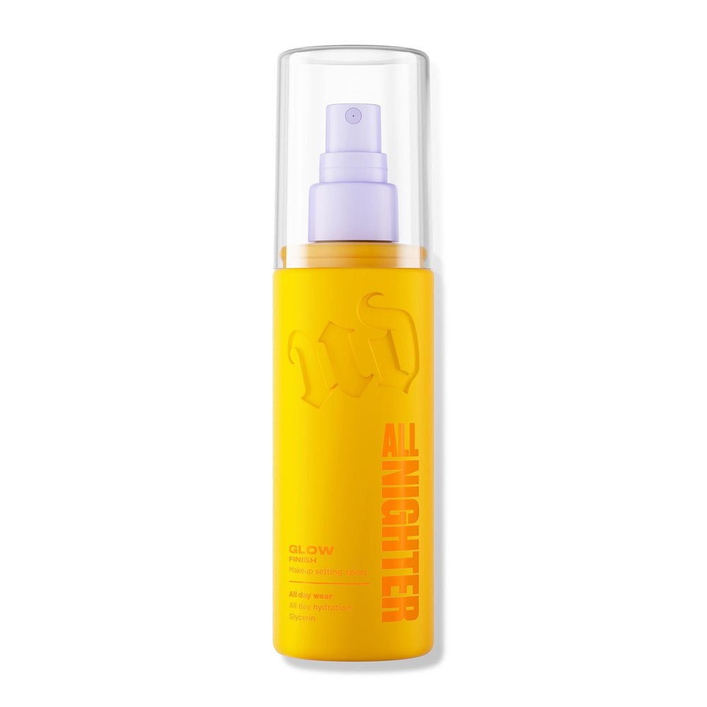 Urban Decay bottle front packaging showing Glow setting spray benefit: 24-hour hold