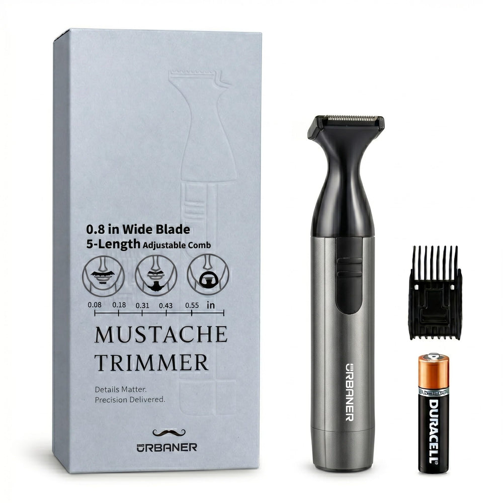 URBANER front view of compact mustache trimmer showing controls and blade for precise shaping