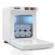 Utenzi front view of white towel warmer showing compact footprint and professional look
