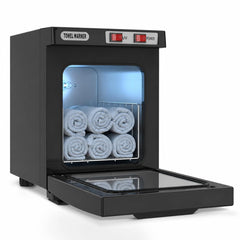 Utenzi front view of black towel warmer showing compact design and benefit of space saving