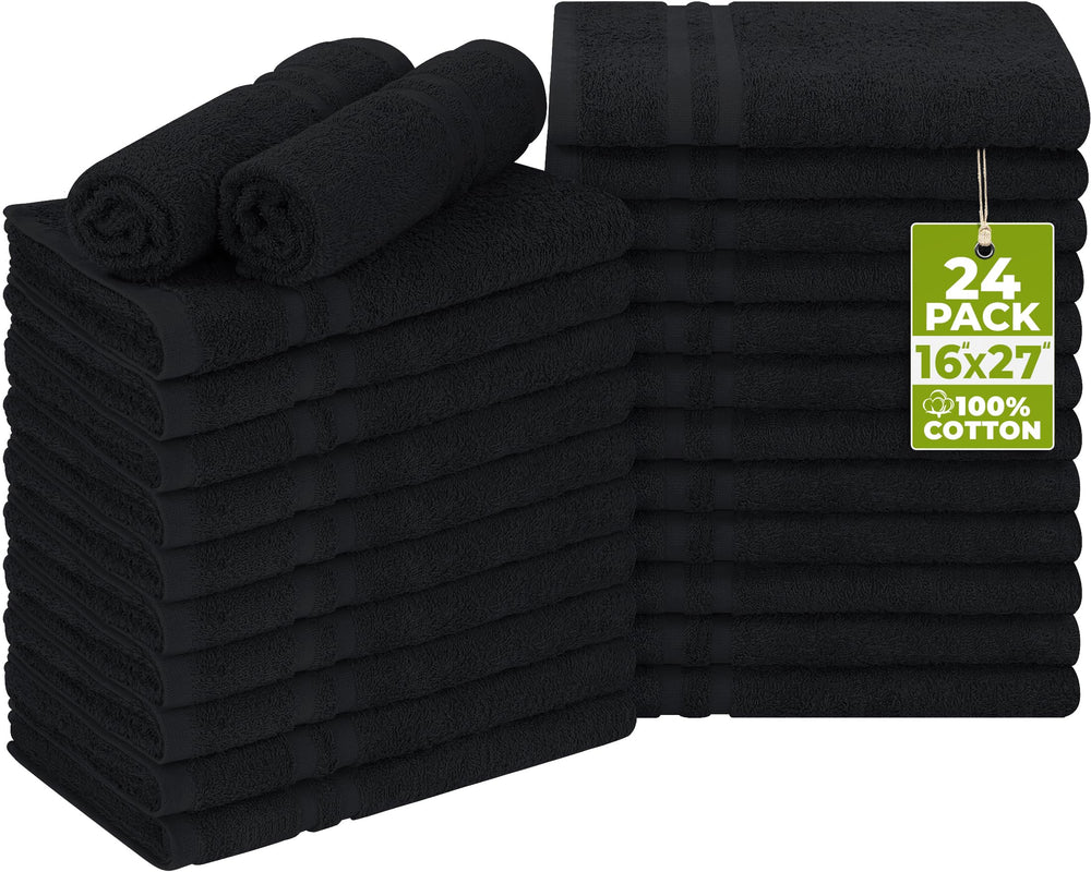 Utopia Towels front packaging showing 24-pack black towels, professional appearance