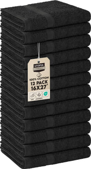 Utopia Towels front pack of 12 black salon towels showing quantity and benefit