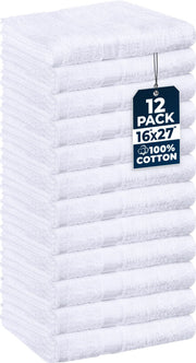 Utopia Towels front pack view showing 12 white salon towels and clear presentation benefit