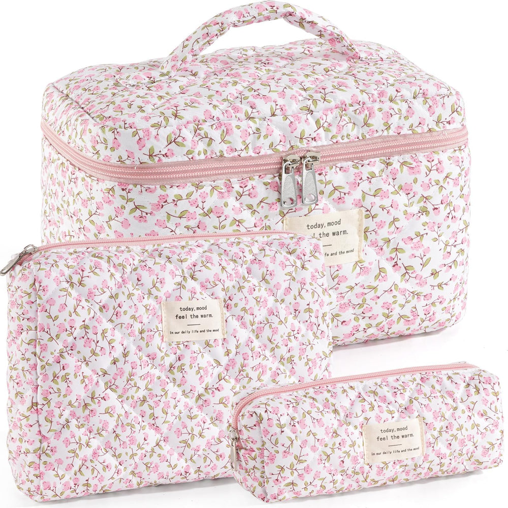 UUYUUY front view of pink floral three-piece set shows organized beauty storage