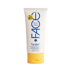 VACATION front bottle view showing clean SPF 45 packaging and easy-use benefit
