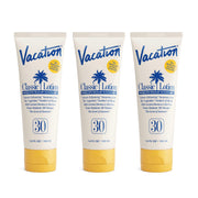 VACATION bottle front packaging showing SPF 30 and travel size benefits