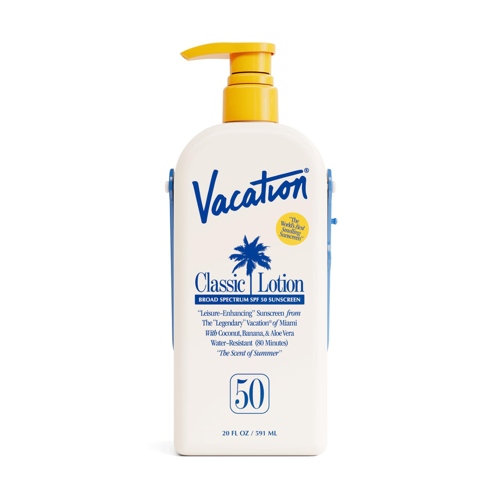 VACATION front packaging showing 20 fl oz bottle and SPF 50 protection benefit