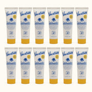 VACATION mini classic front pack showing twelve 1oz tubes and SPF benefit