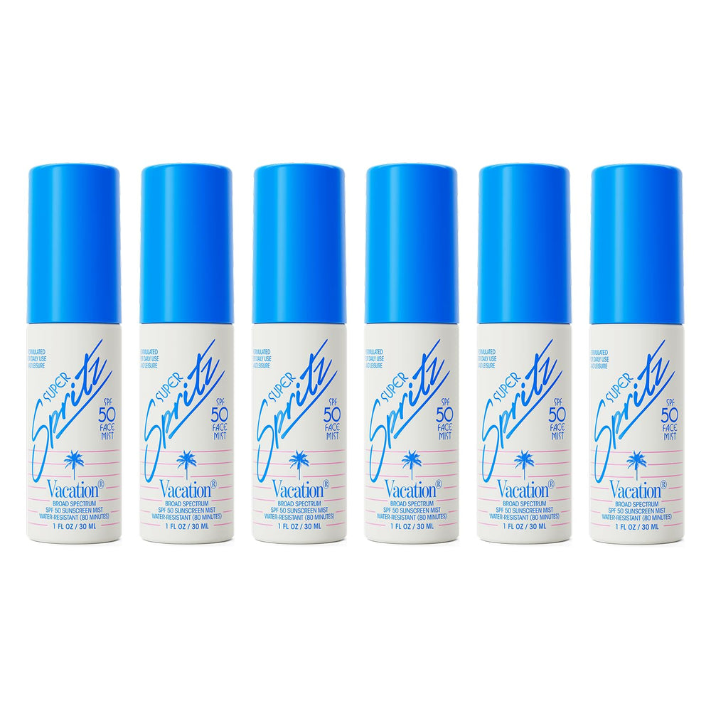 VACATION front packaging showing six 1oz SPF 50 travel mists promoting portability
