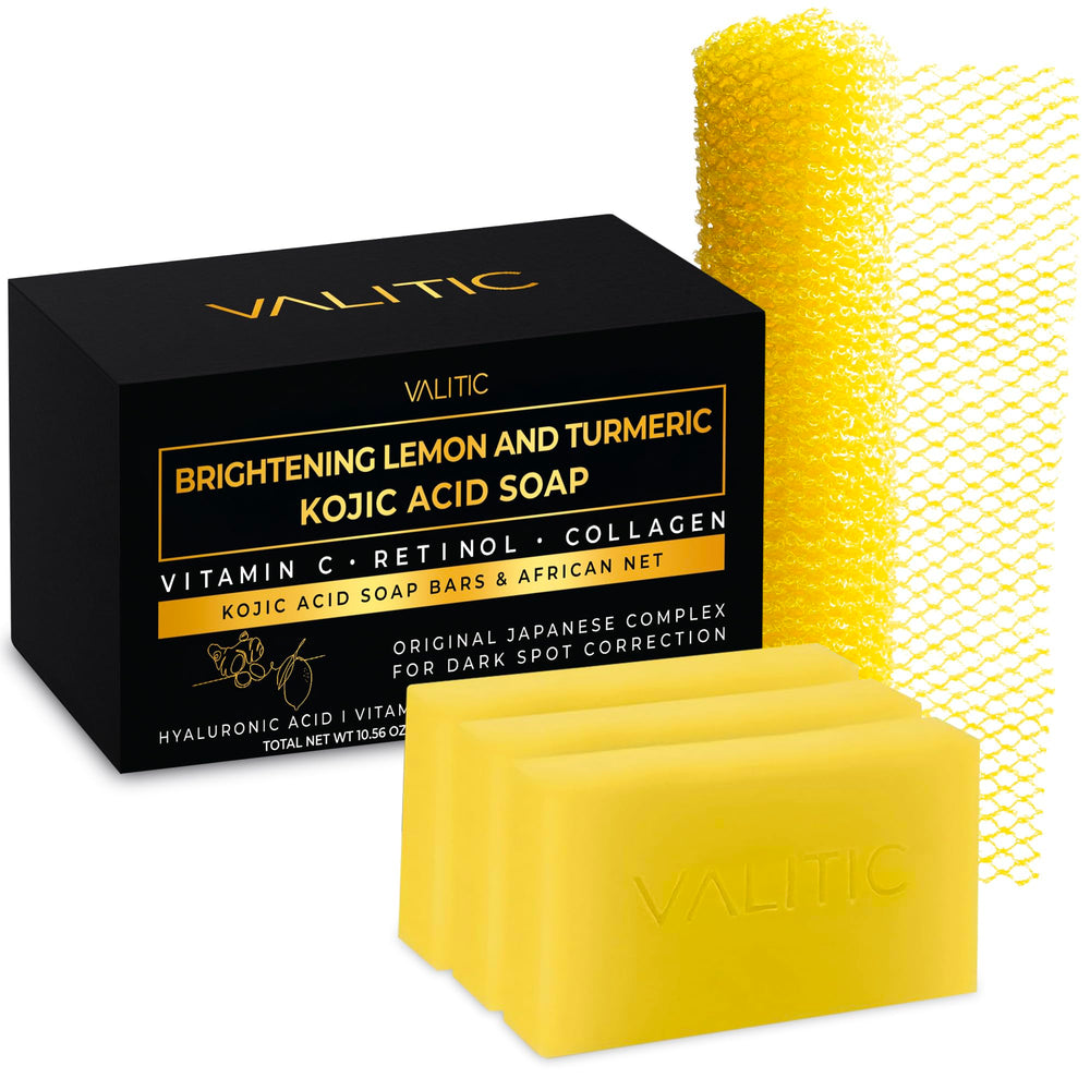 VALITIC front packaging showing three brightening soap bars and sponge benefits