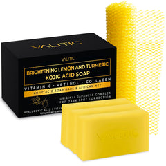VALITIC front packaging showing three brightening soap bars and sponge benefits