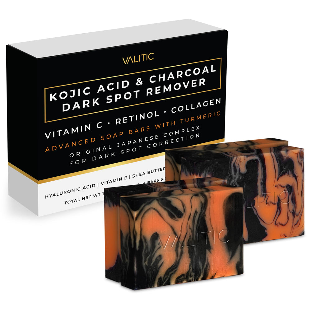 VALITIC front packaging shows four charcoal kojic turmeric bars, clear product benefit