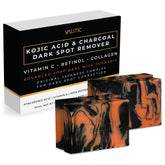 VALITIC front packaging shows four charcoal kojic turmeric bars, clear product benefit