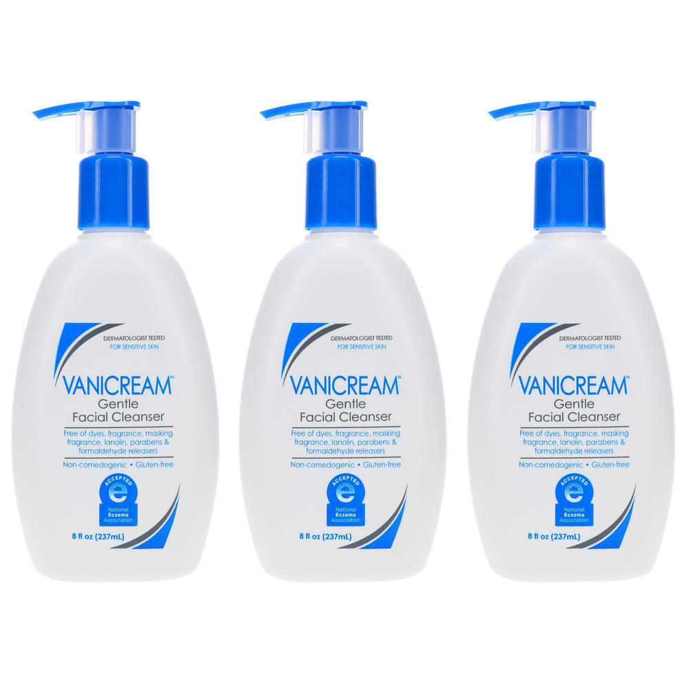 Vanicream front packaging showing three bottles and product benefit