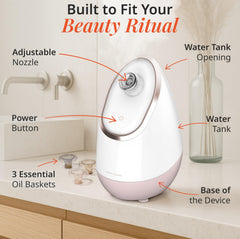 Vanity Planet Aira foam baskets with essential oils showing aromatherapy option for calming steam