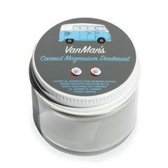The VanMan Company coconut magnesium deodorant front view showing clean tin benefit: portable storage