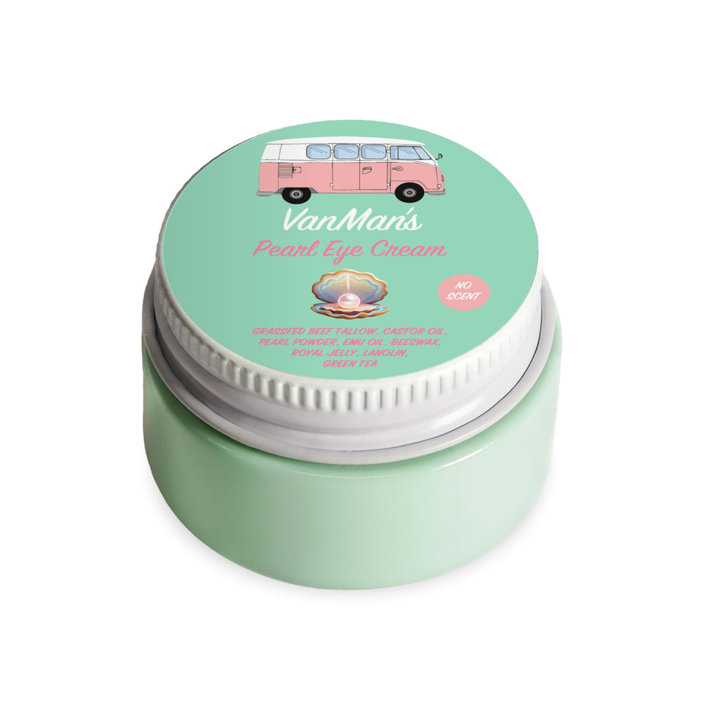 VanMan’s Pearl Eye Cream front jar showing simple packaging and easy use