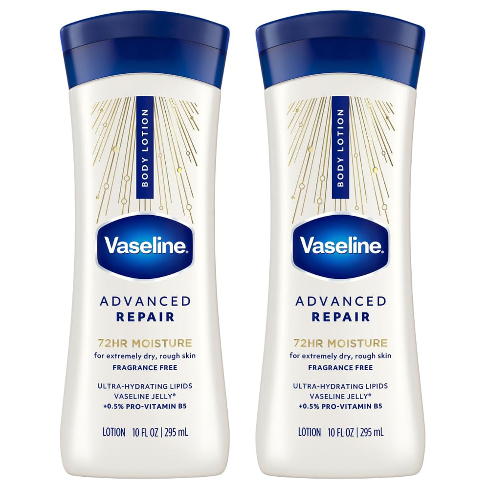 Vaseline Advanced Repair front packaging showing two 10 oz bottles and hydration benefits