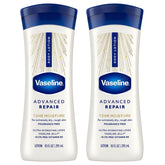 Vaseline Advanced Repair front packaging showing two 10 oz bottles and hydration benefits