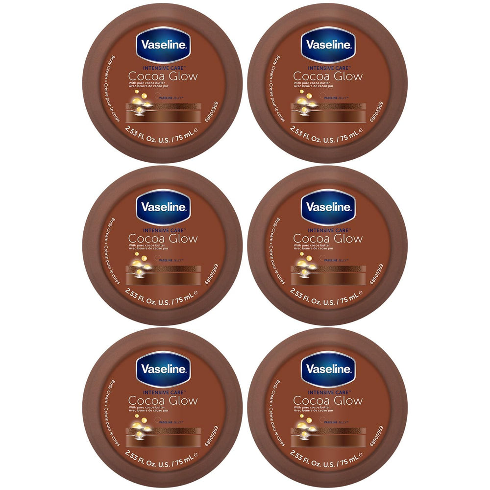 Vaseline front packaging showing six travel-size jars and cocoa scent benefit