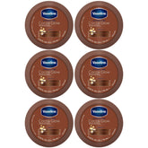 Vaseline front packaging showing six travel-size jars and cocoa scent benefit