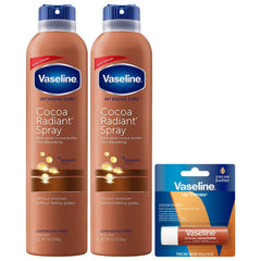 Vaseline front packaging showing two cocoa radiant spray bottles and lip balm, quick hydration benefit