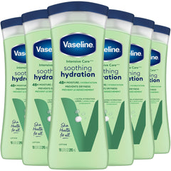 Vaseline front packaging showing six bottles and hydration benefit