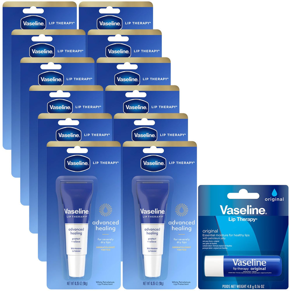 Vaseline front packaging showing 12 tubes and included stick for easy supply