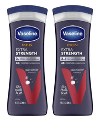 Vaseline mens extra strength front view of two bottles showing packaging benefit