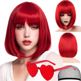 VCAY red bob wig front view showing bold color and neat bangs for instant style