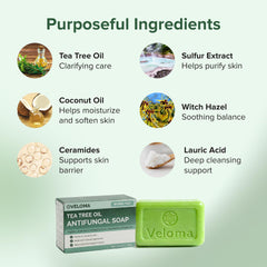 Veloma ingredient label close-up highlighting tea tree and ceramides