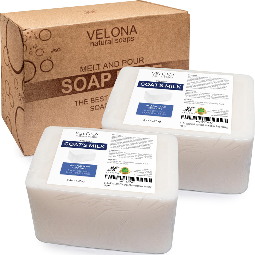 velona front view of 10 lb goat milk soap block showing clean packaging and benefits