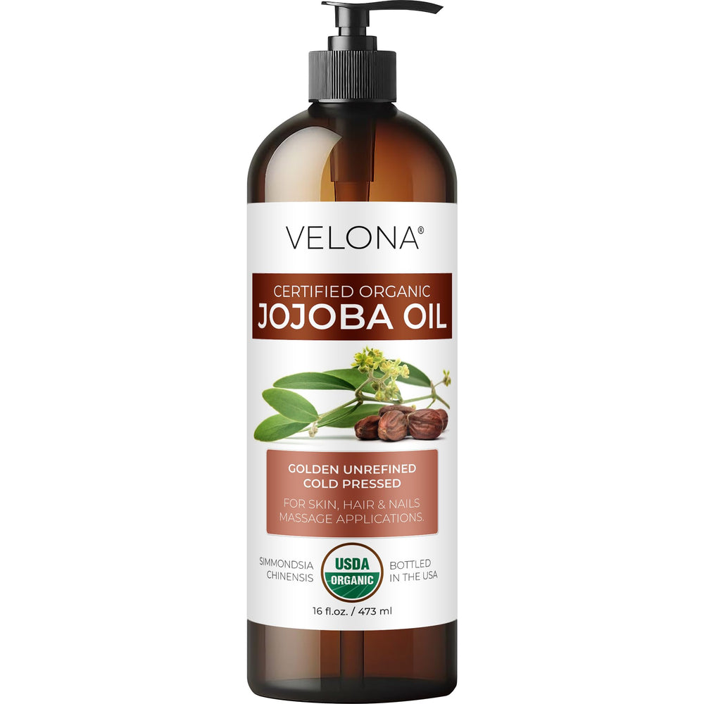 velona jojoba oil front packaging showing pump and 16 fl oz size for convenience