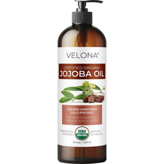 velona jojoba oil front packaging showing pump and 16 fl oz size for convenience