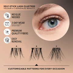 Velour close-up of cluster base highlighting pre-applied adhesive for easy wear