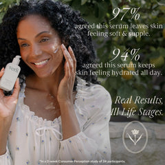 Verli serum texture on skin close-up, shows lightweight milky consistency benefit