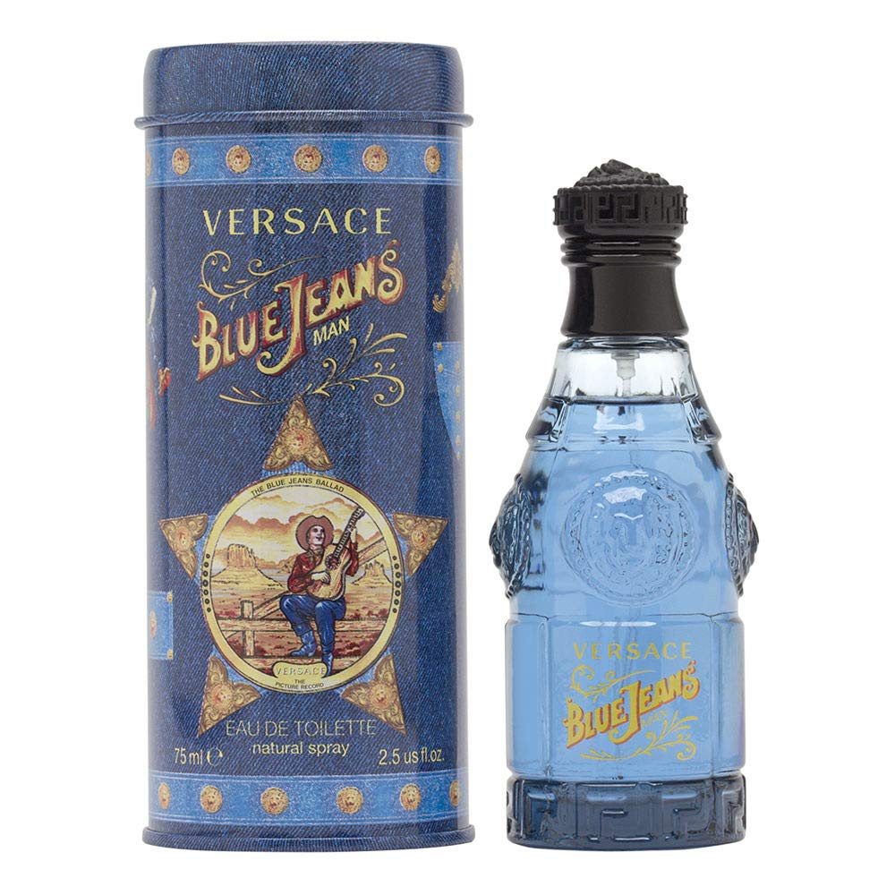 Versace Blue Jeans bottle front view showing Versace branding and easy gifting appeal