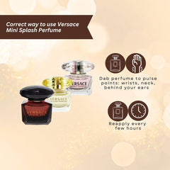 Versace Crystal Noir mini bottle held to show scale and portable evening fragrance benefit