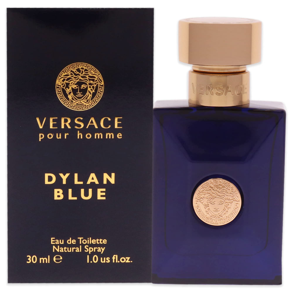 Versace Dylan Blue front bottle showing elegant dark-blue glass and logo for timeless style