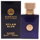 Versace Dylan Blue front bottle showing elegant dark-blue glass and logo for timeless style
