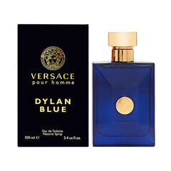 Versace Dylan Blue front bottle showing the blue glass and label, brand clarity and style