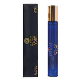 Versace Dylan Blue travel spray front view showing blue bottle and gold lid, portable convenience