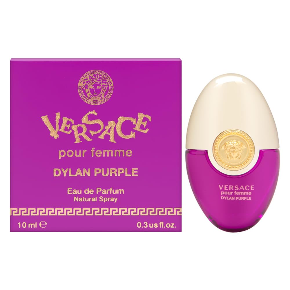 Versace Dylan Purple front bottle view showing compact travel design and elegance