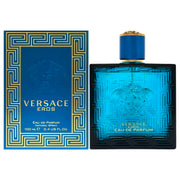 Versace Eros bottle front view showing branding and elegant design for confident style